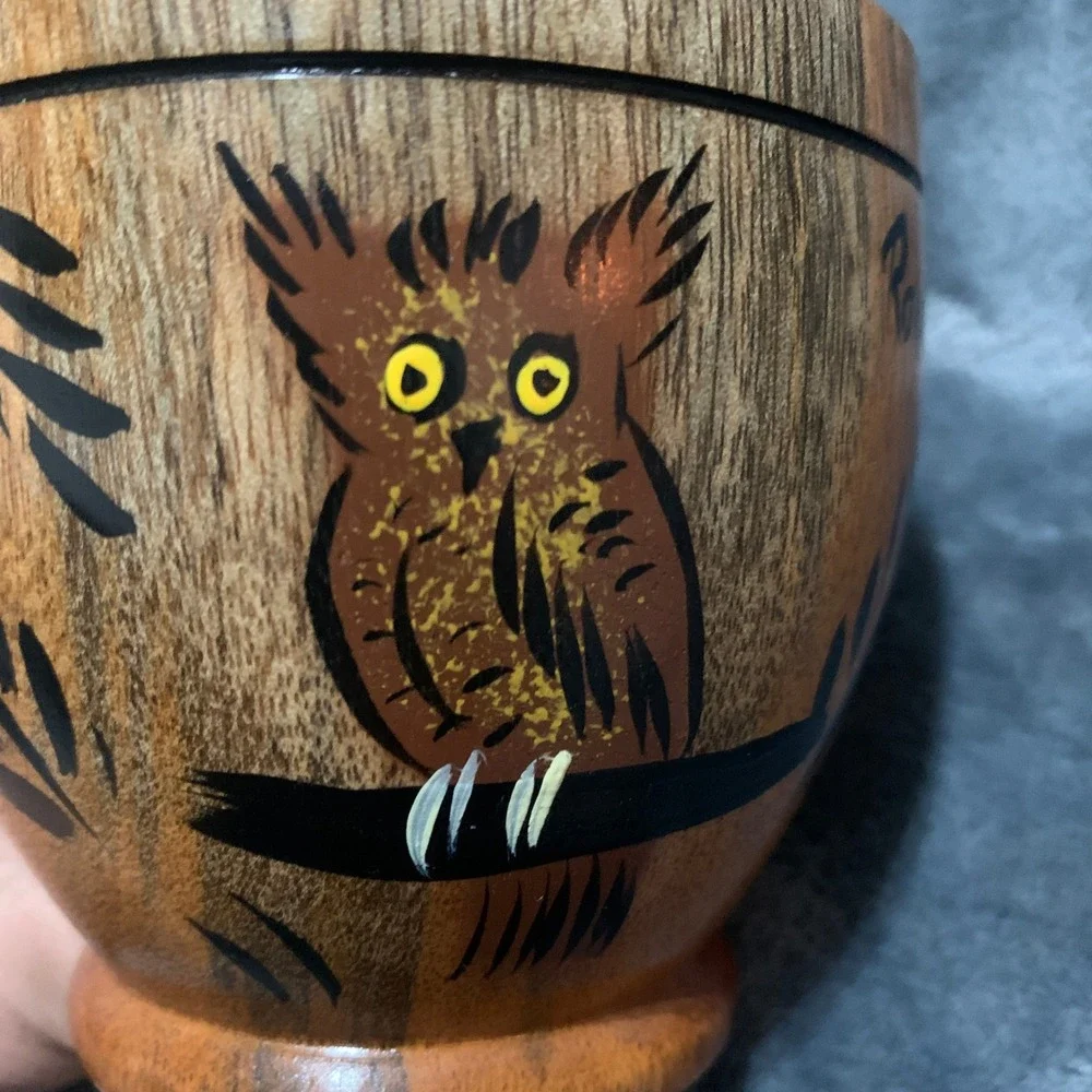 Roatan Decorative Bowl Hand Painted Crazy Owl Brown Wood Folk Art EUC